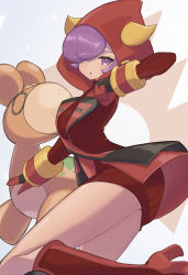 Rule 34 | 1girl, absurdres, blush, boots, breasts, clenched hand, commentary request, courtney (pokemon), creatures (company), dress, eyelashes, fake horns, game freak, gen 3 pokemon, gloves, hair over one eye, hand up, high heel boots, high heels, highres, hood, hood up, horned hood, horns, knee boots, looking at viewer, looking back, nintendo, numel, nuneno, pokemon, pokemon (creature), pokemon oras, purple eyes, purple hair, red dress, red footwear, ribbed dress, short hair, thighs, turtleneck dress