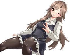 Rule 34 | 10s, 1girl, ;d, arashio (kancolle), arashio kai ni (kancolle), arm at side, black dress, black pantyhose, blush, breasts, brown eyes, brown hair, buttons, collared shirt, commentary request, double-breasted, dress, dutch angle, flipped hair, frilled dress, frills, kantai collection, lips, long hair, long sleeves, looking at viewer, maron (kagamikunn), medium breasts, one eye closed, open mouth, pantyhose, pinafore dress, shirt, simple background, sleeveless, sleeveless dress, smile, solo, swept bangs, very long hair, white background, white shirt, wing collar