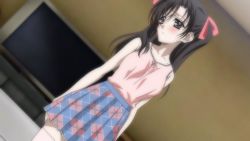 Rule 34 | 00s, 1girl, aged up, arms at sides, bare shoulders, black eyes, black hair, blue skirt, blurry, blush, bow, breasts, casual, ceiling, closed mouth, cowboy shot, depth of field, dutch angle, embarrassed, frown, game cg, gotou junji, hair between eyes, indoors, katsura kokoro, lace, long hair, looking away, looking to the side, miniskirt, parted bangs, petticoat, pink ribbon, pink thighhighs, plaid, plaid skirt, pleated skirt, raised eyebrows, red ribbon, ribbon, school days, skirt, solo, standing, strip battle days, tank top, television, thighhighs, two side up, zettai ryouiki