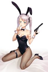 Rule 34 | 1girl, aliceblue, animal ears, bad id, bad pixiv id, barcode, black leotard, blue eyes, bow, bowtie, breasts, detached collar, fake animal ears, finger to mouth, fishnet pantyhose, fishnets, full body, gun, handgun, high heels, highres, leotard, long hair, medium breasts, original, pantyhose, pistol, playboy bunny, pocket pistol, pumps, rabbit ears, rabbit tail, silver hair, sitting, solo, suppressor, tail, twintails, walther, walther ppk, wariza, weapon, wrist cuffs