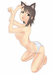 Rule 34 | 10s, 1girl, barefoot, blush, breasts, brown eyes, brown hair, full body, kneeling, medium breasts, nipples, nisekoi, noragami sota, onodera kosaki, open mouth, paw pose, short hair, simple background, solo, topless, white background