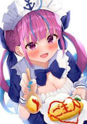 Rule 34 | 1girl, :d, absurdres, ahoge, anchor symbol, azuremo, blue bow, blue bowtie, blue dress, blue hair, blue nails, blue ribbon, blunt bangs, blush, bow, bowtie, braid, breasts, cleavage, colored inner hair, dress, drill hair, fingernails, food, framed breasts, french braid, hair ribbon, highres, hololive, incoming food, large breasts, long hair, looking at viewer, maid, maid headdress, minato aqua, minato aqua (1st costume), multicolored hair, nail polish, omelet, omurice, open mouth, puffy short sleeves, puffy sleeves, purple eyes, purple hair, ribbon, short dress, short sleeves, sidelocks, smile, solo, streaked hair, twin drills, twintails, two-tone hair, virtual youtuber, wrist cuffs