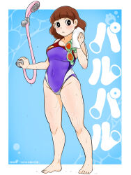 Rule 34 | 1girl, artist request, bikini, black eyes, blunt bangs, blush, bob cut, breasts, brown hair, cleavage, competition swimsuit, covered navel, doraemon, doraemon: nobita to kumo no oukoku, dripping, female focus, goggles, highleg, highleg swimsuit, highres, large breasts, leotard, looking at viewer, one-piece swimsuit, paru paru (doraemon), plump, purple bikini, short hair, shower (place), shower head, showering, solo, standing, swimsuit, tachibana (doraemon), thick thighs, thighs, wet, wet clothes, wet face, wet hair, wet swimsuit