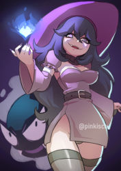 Rule 34 | 1girl, @ @, adapted costume, belt, creatures (company), detached collar, dress, fire, game freak, gastly, gen 1 pokemon, hair between eyes, hairband, hat, hex maniac (pokemon), long hair, magic, nail polish, nintendo, open mouth, panties, pantyshot, pinkisch, pokemon, pokemon (creature), pokemon xy, purple background, purple eyes, purple hair, purple hairband, short dress, side slit, smile, standing, thighhighs, underwear, very long hair, wide sleeves, witch, witch hat