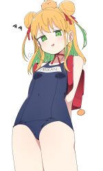 Rule 34 | 1girl, absurdres, arms behind back, backpack, bag, bag charm, blue one-piece swimsuit, blush, breasts, charm (object), double bun, green eyes, green hair, hair bun, hair ribbon, highres, indie virtual youtuber, long hair, looking at viewer, luke (dydansgur), multicolored hair, name tag, one-piece swimsuit, parted lips, puff of air, randoseru, red ribbon, ribbon, school swimsuit, simple background, small breasts, solo, swimsuit, tamura mikan, virtual youtuber, white background