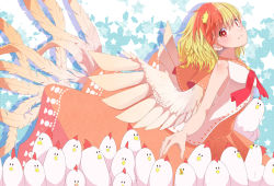 Rule 34 | 1girl, animal, animal on head, bare arms, bird, bird on head, bird tail, bird wings, blonde hair, blue background, bright pupils, chick, chicken, commentary, dress, drop shadow, hair between eyes, head tilt, highres, hybrid (1212apro), layered dress, looking at viewer, looking back, multicolored hair, neck ribbon, niwatari kutaka, on head, red eyes, red hair, red ribbon, ribbon, short hair, sleeveless, sleeveless dress, smile, solo, star (symbol), starry background, tail, touhou, two-tone hair, wings