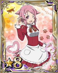 Rule 34 | 10s, 1girl, animal ears, apron, card (medium), cat, cat ears, cat tail, hair ornament, hairclip, heart, heart tail, lisbeth (sao), looking at viewer, open mouth, pink eyes, pink hair, short hair, solo, star (symbol), sword art online, tail, white apron