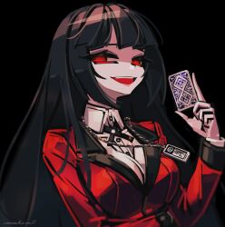 Rule 34 | 1girl, :d, artist name, black background, black hair, black ribbon, blazer, blunt bangs, blurry, breasts, card, collared shirt, commentary, dress shirt, half-closed eyes, hand up, holding, holding card, index finger raised, jabami yumeko, jacket, jewelry, kakegurui, large breasts, layered sleeves, long hair, long sleeves, looking at viewer, makaroll, neck ribbon, necklace, open mouth, playing card, red eyes, red jacket, ribbon, shirt, sideways glance, simple background, smile, solo, teeth, upper body, upper teeth only, white shirt