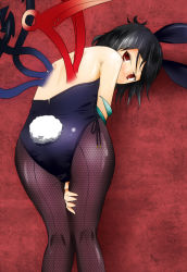 Rule 34 | 1girl, animal ears, ass, bad id, bad pixiv id, black hair, rabbit ears, rabbit tail, playboy bunny, female focus, fishnet pantyhose, fishnets, houjuu nue, kneepits, looking back, pantyhose, red eyes, solo, sumizono, tail, thigh gap, thighs, touhou, wings