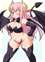 Rule 34 | 1girl, blush, breasts, cleavage, demon girl, demon tail, disgaea, hand on own hip, heart, horns, long hair, looking at viewer, natsumi akira, one eye closed, pink hair, revealing clothes, smile, solo, demon girl, succubus (disgaea), tail, thighhighs, very long hair, wings, wink