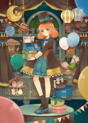 Rule 34 | balloon, basket, blue eyes, blush, bookshelf, box, carousel, crescent, cup, curtains, full body, gift, gift box, gloves, hairband, hat, hat box, high heels, highres, holding, holding box, holding gift, indoors, jacket, jar, long hair, long sleeves, neck ribbon, orange hair, original, planet, plant, ribbon, scroll, sky, smile, socks, star (sky), starry sky, string of flags, tea set, teacup, teapot, tiered tray, top hat, yunoto (conceit)