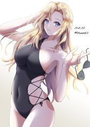 Rule 34 | 1girl, bare arms, bare legs, bare shoulders, black one-piece swimsuit, blonde hair, blue eyes, breasts, cowboy shot, dated, unworn eyewear, groin, hachiware (8ware63), highres, holding, holding removed eyewear, hornet (kancolle), kantai collection, large breasts, long hair, one-piece swimsuit, single-shoulder one-piece swimsuit, smile, solo, sunglasses, swimsuit, twitter username