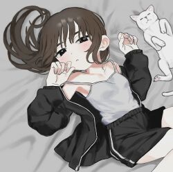 Rule 34 | 1girl, :&lt;, absurdres, bed sheet, black eyes, black jacket, black shorts, blush, breasts, brown hair, camisole, cat, closed mouth, commission, grey camisole, hair spread out, highres, jacket, kunoichi kazuhito (kuno kazu), long hair, long sleeves, looking at viewer, lying, on back, open clothes, open jacket, original, shirt tucked in, shorts, skeb commission, small breasts, solo