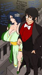 1boy 1girl angry black_hair blue_hair breasts daphne_greengrass dress english_text fakeryway glasses harry_potter harry_potter_(series) highres huge_breasts long_hair looking_at_viewer muscular muscular_male robe short_hair wizarding_world