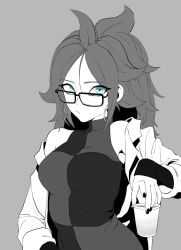 Rule 34 | 1girl, android 21, black nails, blue eyes, checkered clothes, checkered dress, coffee cup, cup, disposable cup, dragon ball, dragon ball fighterz, dragonball z, dress, glasses, grey background, hair between eyes, highres, lab coat, looking at viewer, nail polish, solo, zequung, zquung