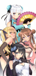 Rule 34 | 4girls, absurdres, artist name, braid, breasts, bug, butterfly, chun-mei (tony taka), cleavage, cleavage cutout, clothing cutout, hand fan, highres, insect, jin-lian (tony taka), multiple girls, ping-yi (tony taka), simple background, source request, standing, tony taka, white background
