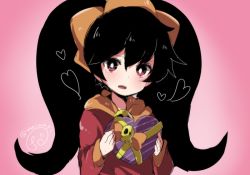 Rule 34 | 1girl, ashley (warioware), black hair, box, bright pupils, commentary request, dress, food-themed hair ornament, food themed hair ornament, hair ornament, heart-shaped box, herunia kokuoji, holding, holding box, nintendo, open mouth, orange hair ornament, pink background, red dress, red eyes, signature, simple background, skull, solo, twintails, upper body, warioware, white pupils