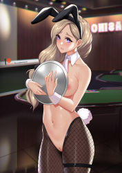 Rule 34 | 1girl, animal ears, bare shoulders, blonde hair, blue eyes, blush, breasts, bridal garter, casino, censored, chungmechanic, collarbone, cowboy shot, eyelashes, fake animal ears, female pubic hair, fire emblem, fire emblem: three houses, fishnet pantyhose, fishnets, hair over shoulder, headband, holding, indoors, large breasts, leotard, long hair, looking at viewer, meme attire, mercedes von martritz, nintendo, nipples, nude, pantyhose, playboy bunny, pubic hair, pussy, rabbit ears, rabbit tail, reverse bunnysuit, reverse outfit, side ponytail, sideboob, solo, standing, tail, tray, waitress, wrist cuffs