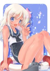 Rule 34 | 1girl, black neckerchief, black one-piece swimsuit, blonde hair, blue eyes, blue sailor collar, commentary request, crop top, flower, hair flower, hair ornament, index finger raised, kantai collection, kaori (mamuru18), lifebuoy, long hair, neckerchief, one-hour drawing challenge, one-piece swimsuit, one-piece tan, ro-500 (kancolle), sailor collar, sitting, solo, swim ring, swimsuit, swimsuit under clothes, tan, tanline