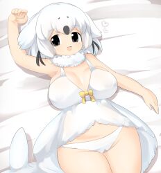 Rule 34 | 1girl, armpits, babydoll, blush, bow, breasts, cetacean tail, commentary request, cowboy shot, fins, fish tail, fur collar, harp seal (kemono friends), heart, highres, kemono friends, large breasts, lets0020, looking at viewer, lying, medium bangs, on back, on bed, open mouth, panties, short hair, smile, solo, tail, underwear, underwear only, white babydoll, white hair, white panties, yellow bow