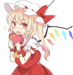 Rule 34 | 1girl, blonde hair, blush, bow, flandre scarlet, frilled sleeves, frills, gift, hat, hat bow, holding, holding gift, looking at viewer, mob cap, open mouth, paragasu (parags112), red bow, red eyes, red shirt, red skirt, shirt, short sleeves, side ponytail, simple background, skirt, skirt set, solo, touhou, white background, wings