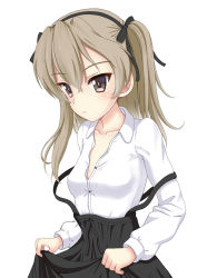 Rule 34 | 10s, 1girl, black bow, black hairband, black skirt, blush, bow, breasts, brown eyes, brown hair, closed mouth, collarbone, collared shirt, dress shirt, flipper, girls und panzer, hair between eyes, hair bow, hairband, long hair, long sleeves, looking away, one side up, open clothes, open shirt, partially unbuttoned, shimada arisu, shirt, simple background, skirt, small breasts, solo, suspender skirt, suspenders, suspenders slip, white background, white shirt