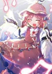 Rule 34 | 1girl, animal ears, beamed eighth notes, bird ears, bird wings, blush, brown dress, brown hat, closed eyes, dress, earrings, eighth note, frilled dress, frilled sleeves, frills, hat, highres, jewelry, moyashi (oekaki touhou), musical note, mystia lorelei, open mouth, pink hair, short hair, single earring, sketch, sleeves past fingers, sleeves past wrists, smile, solo, touhou, white wings, wide sleeves, winged hat, wings