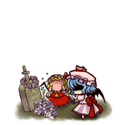 Rule 34 | &gt; &lt;, 2girls, bat wings, blue hair, chibi, closed eyes, crying, despair, female focus, flandre scarlet, flower, grave, knife, multiple girls, no eyes, no mouth, open mouth, remilia scarlet, rose, shaded face, siblings, simple background, sisters, socha, tears, tombstone, touhou, white flower, white rose, wings, wreath