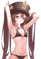 Rule 34 | 1girl, absurdres, armpits, arms behind head, arms up, bikini, black bikini, black hat, blush, breasts, brown hair, closed mouth, flower, flower-shaped pupils, genshin impact, hair between eyes, hat, hat flower, highres, hu tao (genshin impact), long hair, looking at viewer, loyo, navel, simple background, small breasts, solo, stomach, swimsuit, symbol-shaped pupils, upper body, very long hair, white background