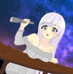 Rule 34 | 1girl, against fence, ains, bare shoulders, blush, breast rest, breasts, cleavage, d4dj, dutch angle, fence, grey eyes, highres, holding, holding telescope, izumo saki, large breasts, long hair, night, night sky, off-shoulder sweater, off shoulder, open mouth, pink hair, sky, solo, star (sky), starry sky, sweater, telescope