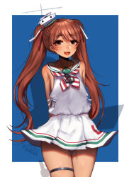 Rule 34 | 1girl, :d, absurdres, anchor, arms behind back, artist name, bad id, bad tumblr id, bare shoulders, blush, brown eyes, brown hair, commentary, cowboy shot, dark-skinned female, dark skin, dress, fang, hair ornament, hair ribbon, highres, kantai collection, libeccio (kancolle), long hair, looking at viewer, open mouth, ribbon, sailor dress, simple background, smile, solo, terupancake, thigh strap, thighs, twintails, twitter username, very long hair, white dress