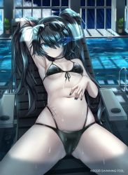 Rule 34 | 1girl, absurdres, arm up, armpits, bikini, black hair, black rock shooter, black rock shooter (character), blue eyes, breasts, eyewear on head, glowing, glowing eye, gluteal fold, highres, indoors, long hair, looking at viewer, midriff, nail polish, navel, pale skin, pool, scar, shiny skin, skindentation, small breasts, solo, spread legs, sunglasses, swimsuit, tokyo (1421), twintails, uneven twintails, wet