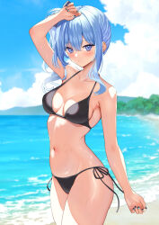 Rule 34 | 1girl, absurdres, arm up, beach, bikini, black bikini, blue eyes, blue hair, blue nails, blue sky, blush, breasts, closed mouth, cloud, collarbone, commentary, cowboy shot, highres, hololive, hoshimachi suisei, long hair, looking at viewer, navel, ocean, oniku (o29sukizero), side-tie bikini bottom, side ponytail, sky, small breasts, solo, stomach, swimsuit, thighs, virtual youtuber, water, wet
