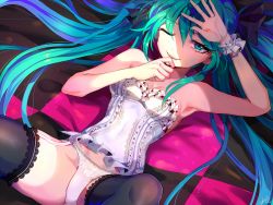 Rule 34 | 1girl, armpits, bad id, bad pixiv id, garter straps, green eyes, green hair, hatsune miku, highres, lace, lace-trimmed legwear, lace-trimmed panties, lace trim, long hair, lying, matching hair/eyes, mellchi, on back, one eye closed, panties, solo, thighhighs, twintails, underwear, very long hair, vocaloid, white panties, world is mine (vocaloid)