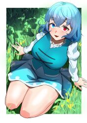 Rule 34 | 1girl, :d, absurdres, blue eyes, blue hair, blue skirt, blue vest, breasts, commentary request, cross-laced clothes, full body, grass, heterochromia, highres, juliet sleeves, large breasts, long sleeves, looking at viewer, open mouth, outdoors, puffy sleeves, red eyes, seiza, short hair, sitting, skirt, smile, solo, tatara kogasa, touhou, urizaku3, vest
