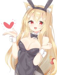 Rule 34 | 1girl, :3, :d, animal ears, bare shoulders, black leotard, black pantyhose, blonde hair, borrowed character, breasts, cat ears, cat tail, cleavage, commentary request, detached collar, fake animal ears, fang, hairband, highres, kamioka shun&#039;ya, leotard, long hair, looking at viewer, medium breasts, nyaa-san (kanijiru), open mouth, original, pantyhose, playboy bunny, rabbit ears, red eyes, red ribbon, ribbon, side-tie leotard, simple background, smile, solo, tail, tail ornament, tail ribbon, very long hair, white background, wrist cuffs