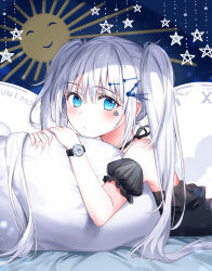 Rule 34 | 1girl, black dress, blue eyes, blush, commentary request, dress, hair ornament, hairclip, highres, long hair, looking at viewer, lying, on stomach, original, rangu, short sleeves, silver hair, solo, star (symbol), star print, sun print, two side up, watch, wristwatch