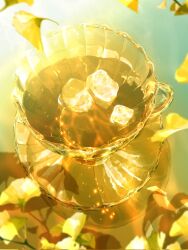 Rule 34 | caustics, cup, drink, falling leaves, food focus, ginkgo leaf, highres, ice, ice cube, leaf, makoron117117, no humans, original, reflection, saucer, still life, teacup, yellow theme