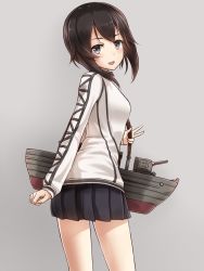 Rule 34 | 10s, 1girl, :d, black hair, black skirt, blush, from behind, grey background, grey eyes, hair between eyes, hayasui (kancolle), highres, jacket, kantai collection, long sleeves, looking at viewer, looking back, machinery, miniskirt, open mouth, pleated skirt, short hair, silver background, simple background, skirt, smile, solo, track jacket, yakob labo