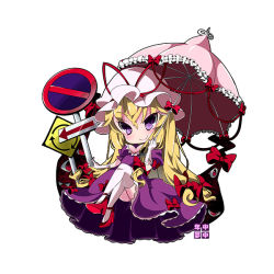 Rule 34 | 1girl, blonde hair, blush, bow, breasts, chibi, cleavage, commentary, dress, elbow gloves, frilled dress, frills, full body, gap (touhou), gloves, hair bow, hat, hat ribbon, high heels, holding, holding umbrella, kayama benio, large breasts, long hair, looking at viewer, mob cap, no symbol, purple dress, purple eyes, red eyes, red footwear, ribbon, road sign, shoes, sign, simple background, sitting, smile, solo, thighhighs, thighs, touhou, umbrella, very long hair, white background, white gloves, yakumo yukari