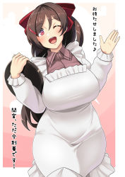 Rule 34 | 1girl, apron, blush, breasts, brown hair, gradient background, hair ornament, hair ribbon, hairclip, highres, hokuto no ken, kantai collection, kappougi, konoshige (ryuun), large breasts, long hair, looking at viewer, mamiya (kancolle), name connection, one eye closed, open mouth, ponytail, purple eyes, ribbon, smile, solo, translation request