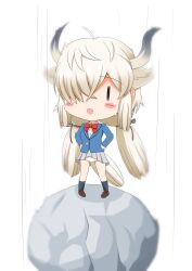 Rule 34 | 1girl, :d, animal ear fluff, animal ears, blazer, blue jacket, blush, blush stickers, boulder, bow, breasts, brown shirt, chibi, collared shirt, dress shirt, grey skirt, hair over one eye, hands on own hips, highres, horns, jacket, kemono friends, long hair, long sleeves, looking at viewer, low twintails, medium breasts, open mouth, ox ears, ox girl, ox horns, pleated skirt, red bow, school uniform, shin01571, shirt, simple background, skirt, smile, solo, standing, twintails, very long hair, white background, white hair, yak (kemono friends), | |