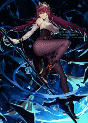 Rule 34 | 1girl, bare shoulders, belt, breasts, brown belt, buckle, claw ring, commentary request, detached sleeves, elbow gloves, eyelashes, fishnet pantyhose, fishnets, flower, genshin impact, gloves, gold trim, grin, habit, hair between eyes, high heels, highres, holding, holding polearm, holding weapon, large breasts, looking at viewer, looking down, multicolored clothes, multicolored headwear, nun, ojo aa, pale skin, pantyhose, parted lips, polearm, puffy sleeves, purple pantyhose, red eyes, red hair, rosaria (genshin impact), rose, short hair with long locks, sidelocks, smile, solo, thigh strap, two-tone dress, underboob, weapon, white gloves