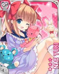 Rule 34 | 1girl, ;d, blue eyes, bow, brown hair, card (medium), dress, girlfriend (kari), hair bow, holding, looking at viewer, mary janes, necktie, official art, one eye closed, open mouth, pink background, purple dress, qp:flapper, ribbon, shoes, sitting, smile, solo, stuffed animal, stuffed rabbit, stuffed toy, teddy bear, two side up, yuuki nae