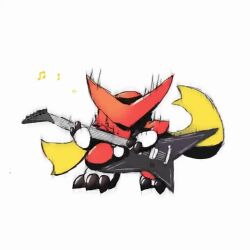 Rule 34 | animated, audible music, closed eyes, digimon, digimon (creature), electric guitar, guitar, instrument, music, playing instrument, scarf, shoutmon king ver., simple background, solo, sound, video, white background