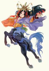 Rule 34 | 1girl, androgynous, black eyes, black hair, blue horns, blue tail, cape, centaur, character request, chin strap, chinese clothes, chinese opera, closed mouth, daxing jia quan, feathers, floating hair, hanfu, hashtag only commentary, hat feather, head tilt, headgear, highres, horns, jumping, juuni kokuki, kirin (juuni kokuki), layered clothes, lipstick, long hair, long sleeves, looking at viewer, makeup, monster girl, multicolored clothes, multicolored hair, outstretched arm, outstretched arms, parted bangs, red lips, sash, simple background, single horn, solo, spread arms, tail, tassel, taur, very long hair, white background, wide sleeves