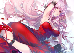 Rule 34 | 1girl, bare shoulders, blush, breasts, cleavage, dress, high heels, hololive, hololive english, hong (white spider), large breasts, long hair, looking at viewer, mori calliope, mori calliope (party dress), open mouth, pink eyes, pink hair, red dress, solo, thighs, virtual youtuber
