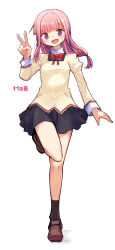 Rule 34 | 1girl, :d, absurdres, arm at side, black skirt, black socks, blunt bangs, blush, bow, bowtie, braid, brown footwear, collared shirt, damenano104, dot nose, hand up, highres, juliet sleeves, leg up, loafers, long hair, long sleeves, looking at viewer, low-tied long hair, low ponytail, magia record: mahou shoujo madoka magica gaiden, mahou shoujo madoka magica, miniskirt, mitakihara school uniform, open mouth, pink eyes, plaid, plaid skirt, pleated skirt, pocket, puffy sleeves, red bow, red bowtie, school uniform, shirt, shoes, side braid, sidelocks, simple background, skirt, sleeve cuffs, smile, socks, solo, standing, standing on one leg, sweater, tamaki iroha, v, white background, white shirt, yellow sweater