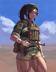 Rule 34 | 1girl, absurdres, bandaged arm, bandaged hand, bandages, beret, blood, bloody bandages, brown hair, camouflage, cigarette, from side, green eyes, green hat, gun, hat, highres, looking at viewer, mat-49, military uniform, muscular, muscular female, original, ponytail, shorts, smoking, soldat (dndosld73832), solo, submachine gun, thick thighs, thighs, uniform, weapon, woodland camouflage, yellow shorts