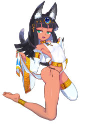 Rule 34 | 1girl, :d, animal ears, ass, bare shoulders, barefoot, black hair, blunt bangs, breasts, cat ears, cat tail, circlet, dark-skinned female, dark skin, detached sleeves, egyptian, eyeliner, green eyes, green nails, hair ornament, hayanye, highres, looking at viewer, makeup, nail polish, open mouth, original, simple background, single thighhigh, smile, solo, tail, thighhighs, white background